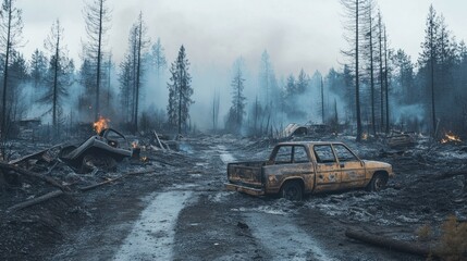 The aftermath of a forest fire, with homes turned to ashes, burnt-out vehicles, and blackened trees dotting the devastated landscape