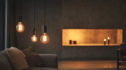 Modern interior with warm Edison bulbs creating a cozy ambiance, complemented by a minimalist sofa and shelving. Perfect for stylish, contemporary, and inviting home decor themes.