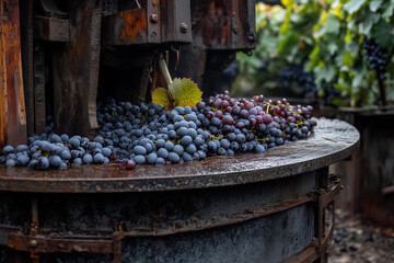 Fresh grapes being processed in a traditional winepress at a vineyard during the harvest season