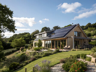 Obraz premium Modern house with solar panels, surrounded by greenery, showcasing sustainable living and stylish architecture against a clear sky.
