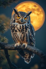 Fototapeta premium Great horned owl perching on branch at night with full moon
