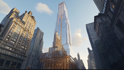 Fototapeta premium On a sunny day, modern architecture features windows that reflect the sky