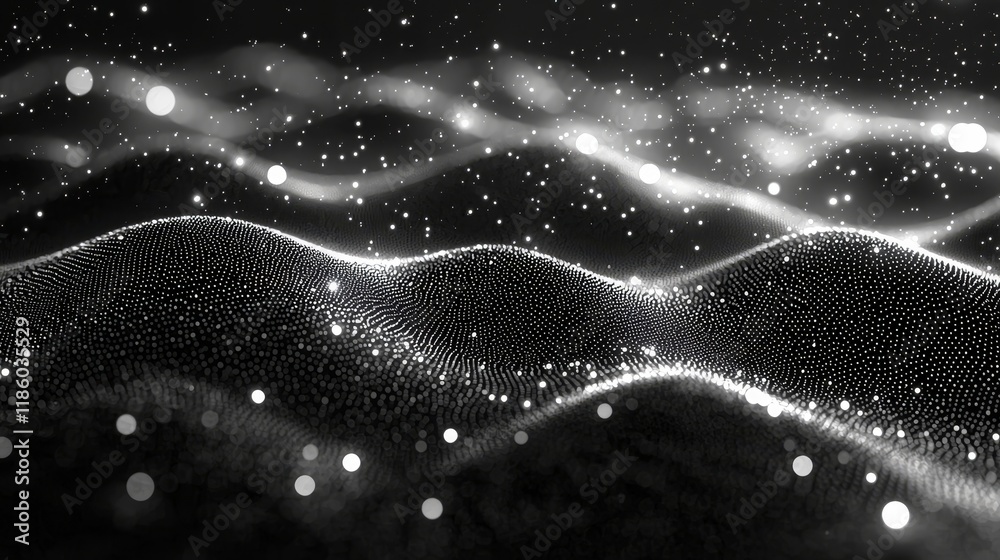 Poster As a background for animations or technology presentations, consider a black and white abstract Trapcode form that includes a digital particle wave and lights. The main visual is an abstract