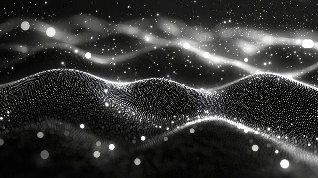 As a background for animations or technology presentations, consider a black and white abstract Trapcode form that includes a digital particle wave and lights. The main visual is an abstract