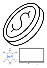 Dollar coin icon, DeFi blockchain network elements with nodes, and a computer screen. Ideal for finance, cryptocurrency, digital economy, blockchain technology, decentralized finance, fintech