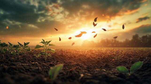 A surreal reimagining of the Parable of the Sower, where seeds sprout wings and take flight, and the soil transforms into a dreamlike landscape, symbolizing hope, growth, and transformation.