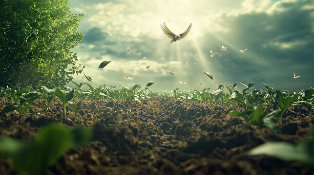 A surreal reimagining of the Parable of the Sower, where seeds sprout wings and take flight, and the soil transforms into a dreamlike landscape, symbolizing hope, growth, and transformation.