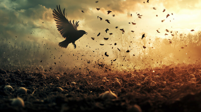 A surreal reimagining of the Parable of the Sower, where seeds sprout wings and take flight, and the soil transforms into a dreamlike landscape, symbolizing hope, growth, and transformation.