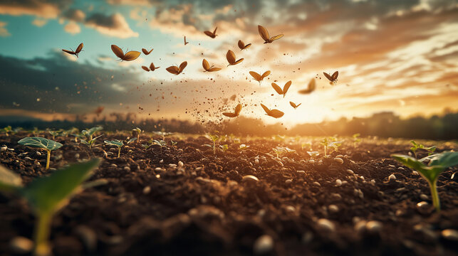 A surreal reimagining of the Parable of the Sower, where seeds sprout wings and take flight, and the soil transforms into a dreamlike landscape, symbolizing hope, growth, and transformation.