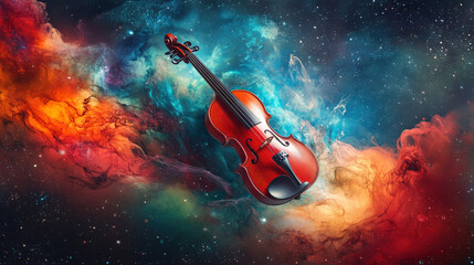 Fototapeta premium vibrant violin floating in cosmic background of colorful nebulae, symbolizing creativity and artistic expression. contrast of instrument against galaxy evokes sense of wonder and inspiration