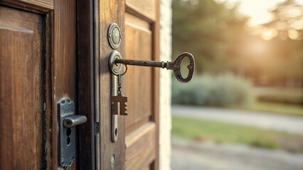 Close-up of a key unlocking a door, symbolizing opportunities