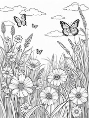 Children's coloring page. Spring meadow with flowers, grass and butterflies.