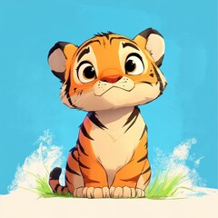 Tiger cub on grass with blue artistic background illustration