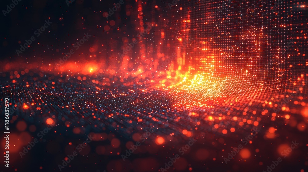 Poster in a 3d space, an abstract retro synthwave grid loop animation background displays particles moving 