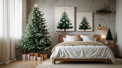 A luxury hotel room interior features a comfortable bed with clean white bedding, pillows, and a soft light from a stylish lamp, creating a relaxing home-like decor