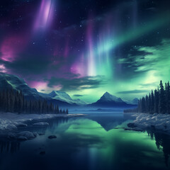 Northern Lights over Snowy Mountains and Lake