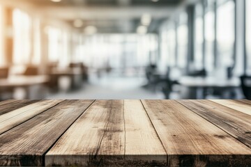 Wooden table, office background, product display, blurred interior