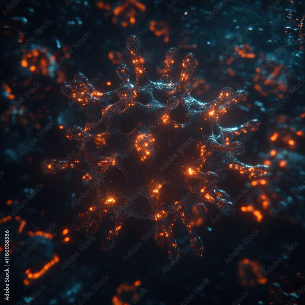 Aufkleber detailed 3d visualization of virus structure highlighting capsid spikes and glowing molecular detail