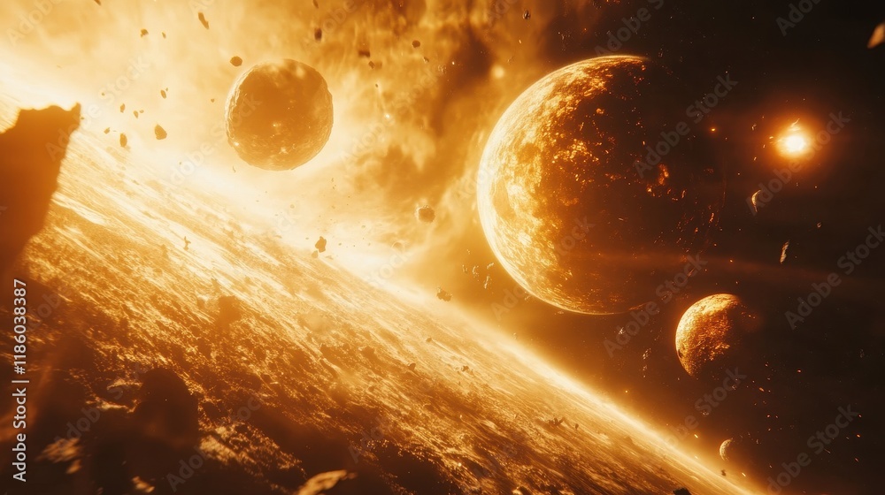 Wall mural a fiery celestial scene with a glowing planet and orbiting asteroids