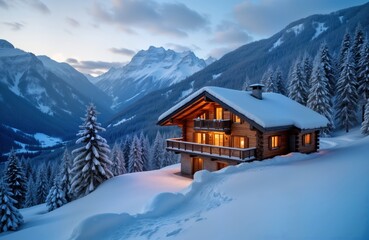 Alpine chalet nestled in snowy landscape. Cozy wooden house lights up at evening in winter mountains. Scenic winter scenery with snow covered trees, high mountains. Perfect place for winter holiday.