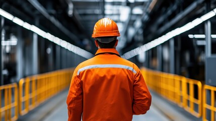 Worker in Safety Gear Walking Through Manufacturing Facility with Bright Lighting and Modern Equipment