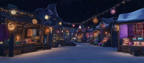 Night market scene with illuminated stalls, textiles, and lanterns.