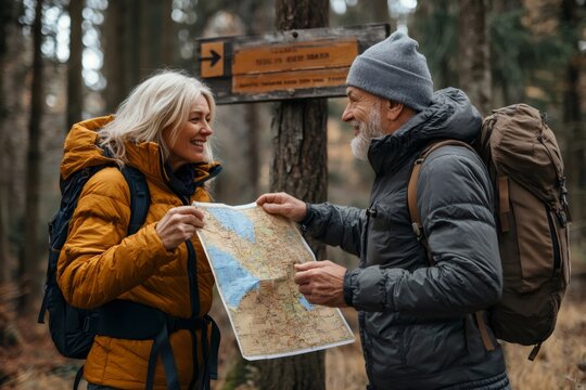 Senior couple hiking and reading map in forest