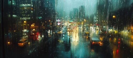 Fototapeta premium Rainy city night view from window.