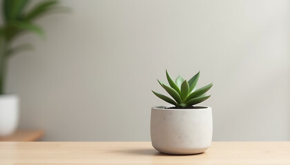 Modern Concrete Flower Pot with a Small Succulent on a Light Wooden Table
