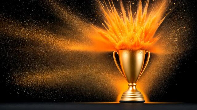 Gold trophy is on a black background with a lot of orange powder. The trophy is surrounded by a lot of orange powder, which gives the impression of a fiery explosion