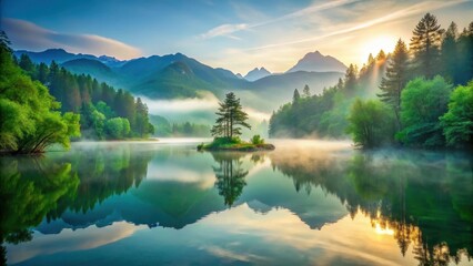 A serene and misty mountain lake at dawn with lush greenery surrounding it, serenity, mountains