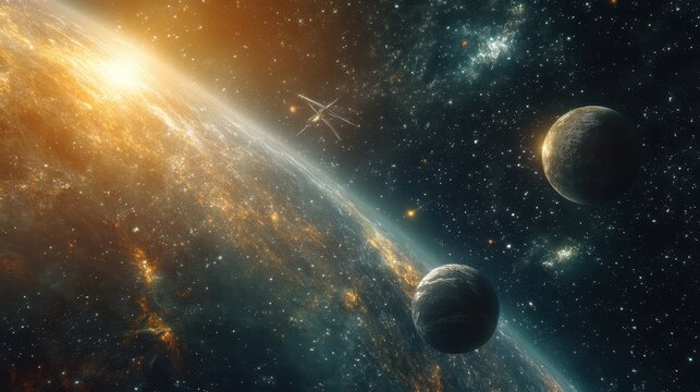 A Spaceship Navigates a Starry Sky Near Two Planets