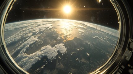 Ethereal View of Earth Through Spacecraft Viewport During Intergalactic Journey