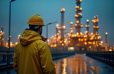 Worker in yellow raincoat, hard hat observes oil refinery complex in rainy evening. Industrial setting at dusk. Person looks attentively at facility. Evening scene. Industrial worker focused on