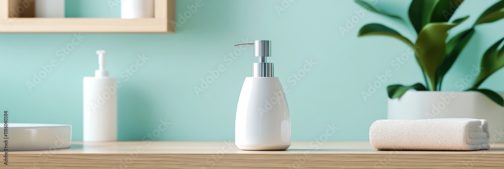 Poster sanitizer droplets effectively eliminate bacteria in a clean bathroom environment. generative ai