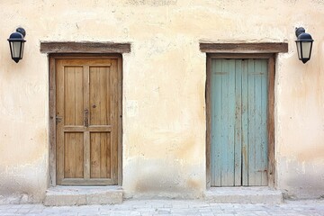 Naklejka premium In the heart of Dubai's historic quarter, two traditional Arabic wooden doors, intricately decorated with an oriental motif, are encased in a clay wall