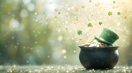 Black pot full of gold coins, leprechaun hat and shamrock leaves on magic forest for st. patrick's day holiday. Fantasy fairy tail background. Symbol of luck. Design card, invitation, banner 