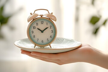 Concept of interval fasting with a clock displayed on a plate. Generative AI