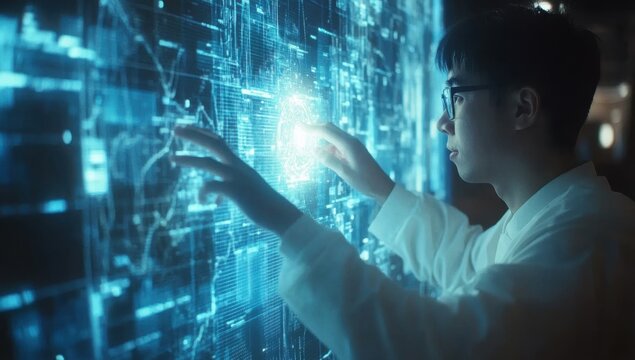 Young scientist interacts with holographic interface in a laboratory environment at night while analyzing complex data