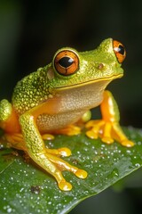 Obraz premium Lemur leaf frog sitting on a wet leaf in rainforest