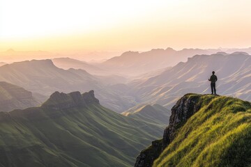 Fototapeta premium During his hike, a man stops for a moment to look at the mountain top as the sun sets, on an adventure travel excursion