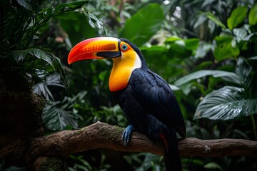 Obraz premium Channel-billed toucan perched on branch in lush tropical rainforest