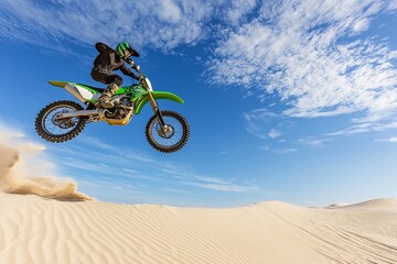 Obraz premium In the desert, a motorbike and a man perform a daring jump, embodying adventure, travel, and freedom with an electrifying blend of action, competition energy, and extreme challenge