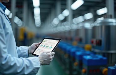 Engineer wearing lab coat uses tablet to monitor high pressure tank production line in food, drinks factory. Modern tech ensures quality control, process optimization. Factory automation, industry 40
