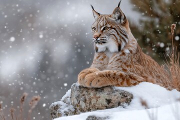 Obraz premium Eurasian lynx resting on rock during snowfall in winter forest