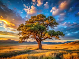 Fototapeta premium Lone Gobi tree, a majestic testament to Mongolian steppe resilience, captures stunning Central Asian landscape.