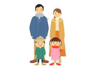 正面を向いた冬服の4人の家族のイメージイラスト
