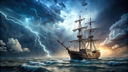 Old wooden sailing ship with billowing sails and mast under intense lightning storm