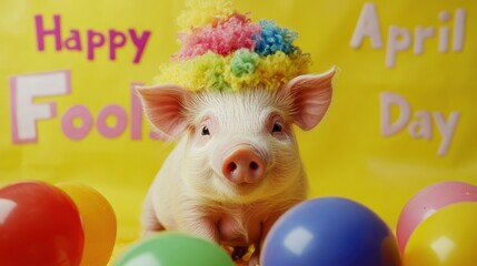 Cute pig with colorful hat celebrates April Fools Day surrounded by balloons and bright decorations