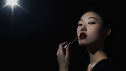 Obraz premium A Woman Putting Lipstick on Her Lips in a Dark Room - Generative AI